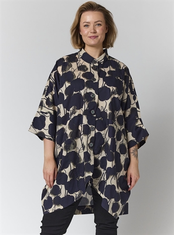 Gozzip - Silje oversized Cardigan/Tunika, Sand med Sort blomster